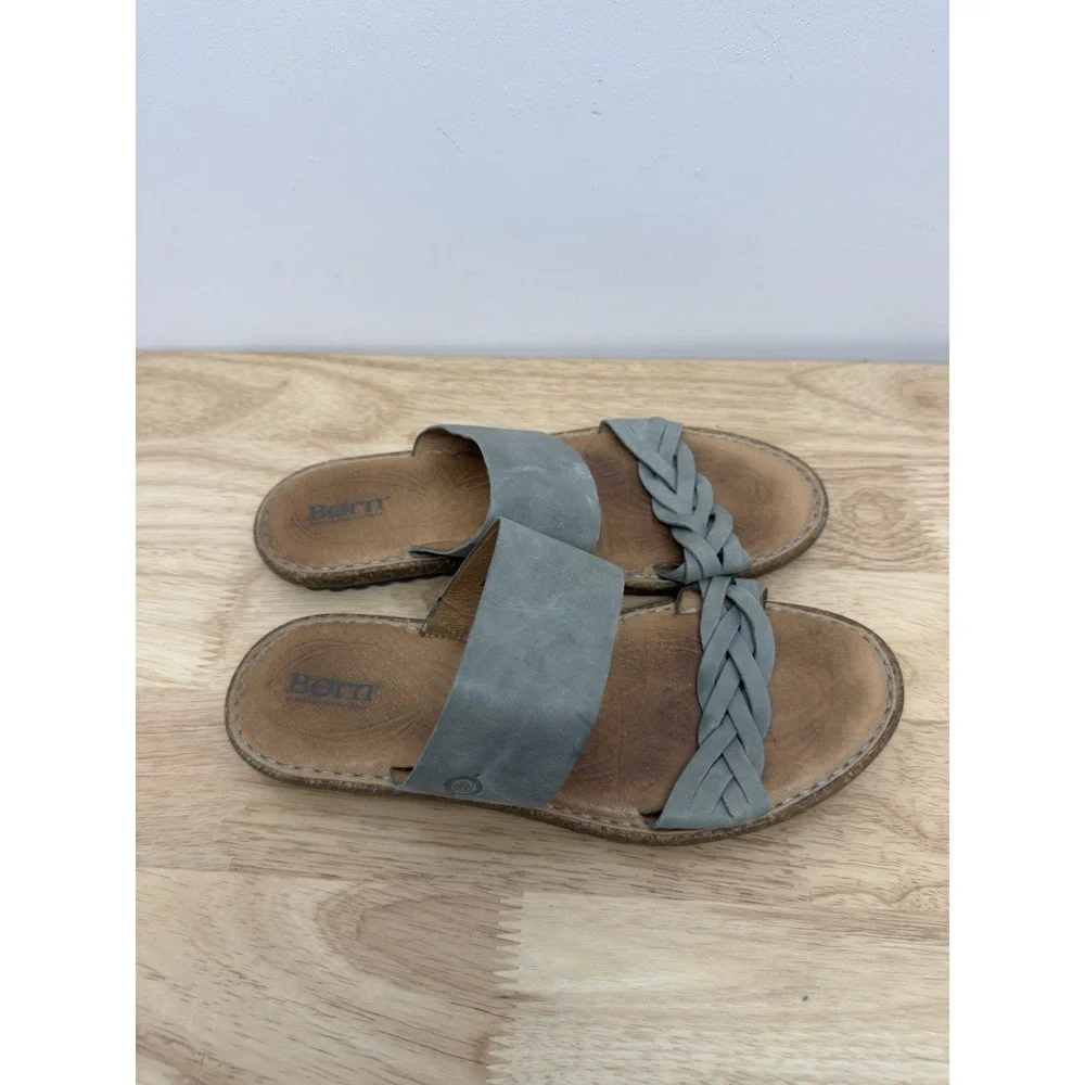 Born BR0033932 Women's 9M Slide Sandal Shoes‎ Green Leather Braided Strap #51